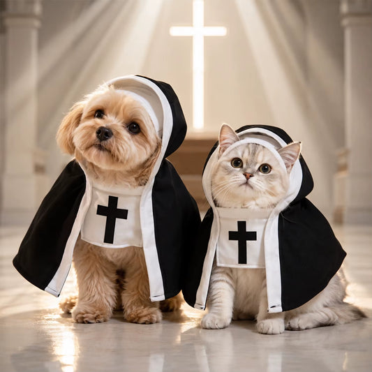 Halloween Nun Pet Costume for Cats & Small Medium Dogs, Black White Hooded Cape with Cross Detail, Funny Dress up Outfit